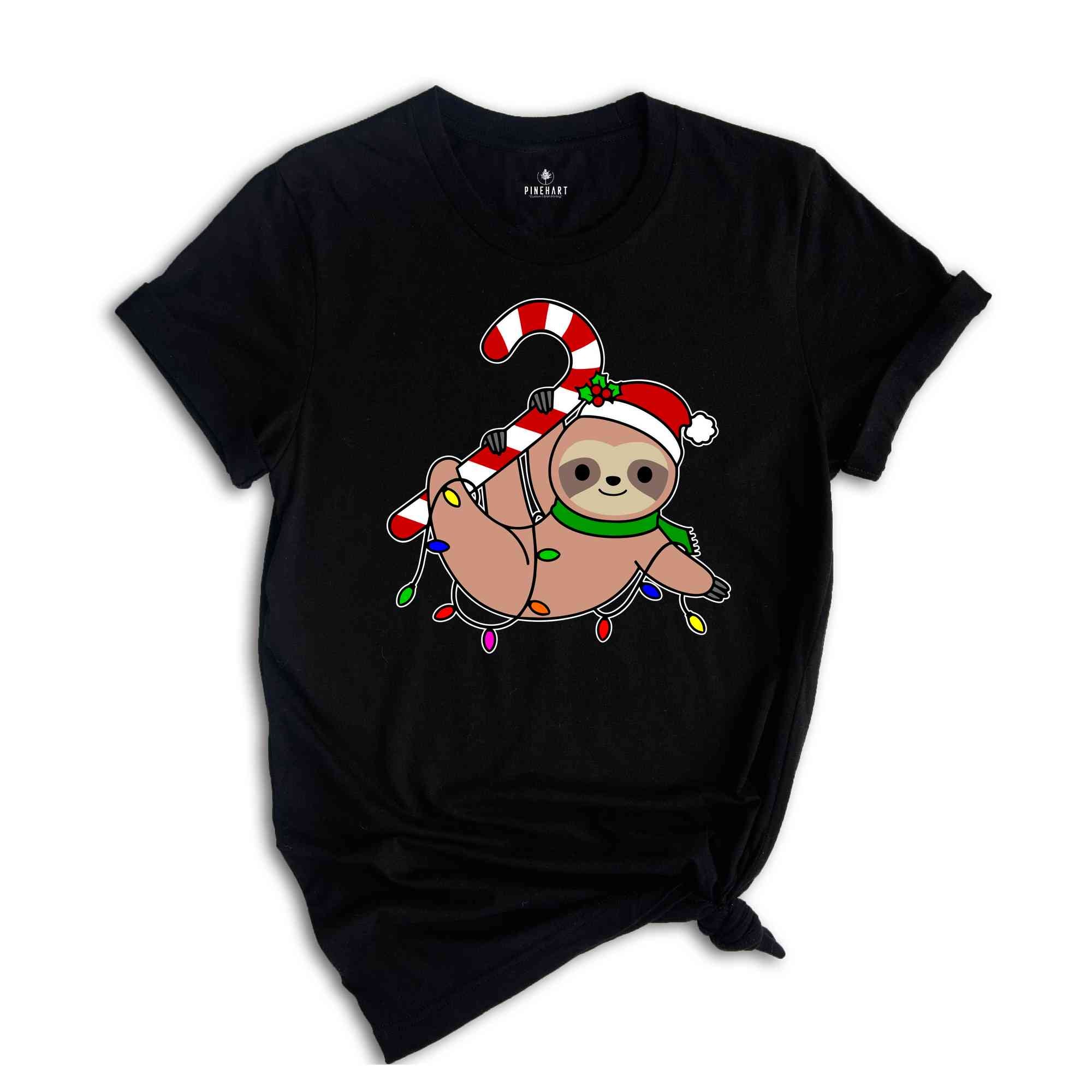 Funny Sloth Santa Hat Candy Cane T-Shirt, Merry Slothmas Shirt, Cute Sloth Tee, Sloth Lover Tee, Christmas Pajamas