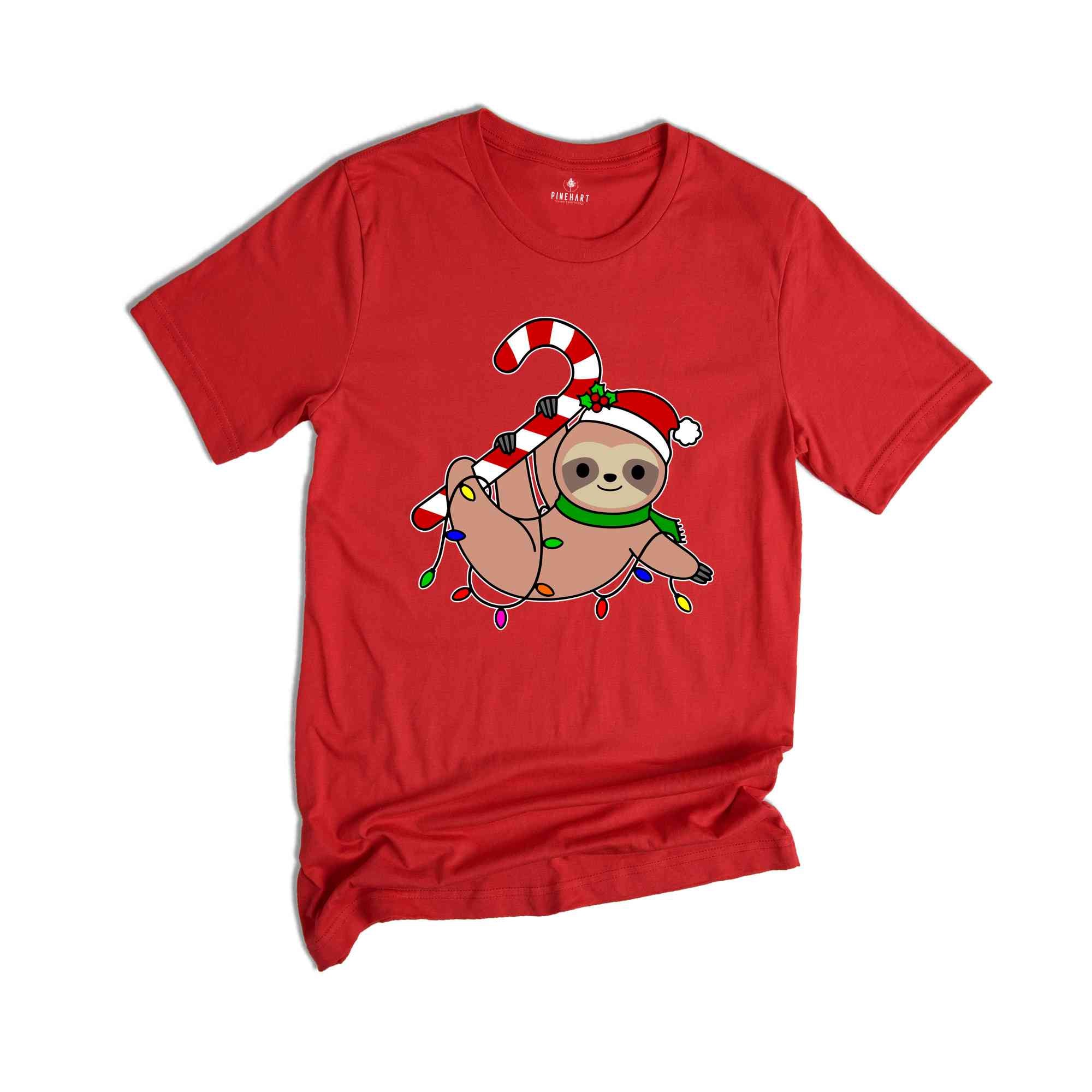 Funny Sloth Santa Hat Candy Cane T-Shirt, Merry Slothmas Shirt, Cute Sloth Tee, Sloth Lover Tee, Christmas Pajamas