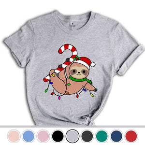 Funny Sloth Santa Hat Candy Cane T-Shirt, Merry Slothmas Shirt, Cute Sloth Tee, Sloth Lover Tee, Christmas Pajamas