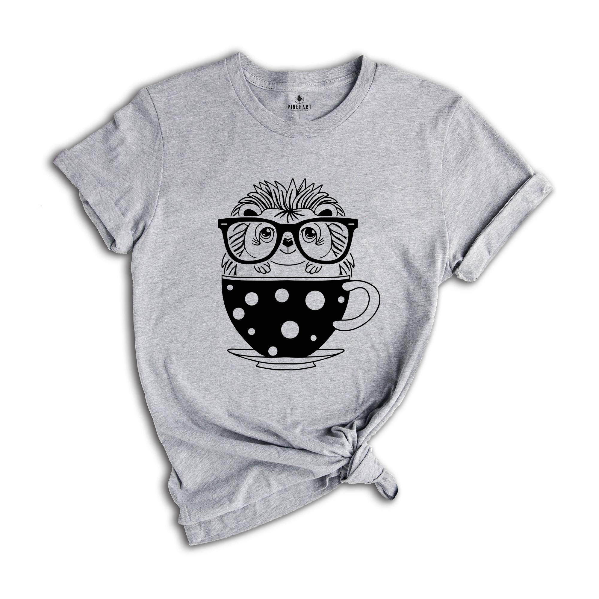 Hedgehog Tea Cup T-Shirt, Coffee Glasses Tee, Nerd Day School Shirt, Caffeine Addict , Cute Porcupine T-Shirt, Animal Lover