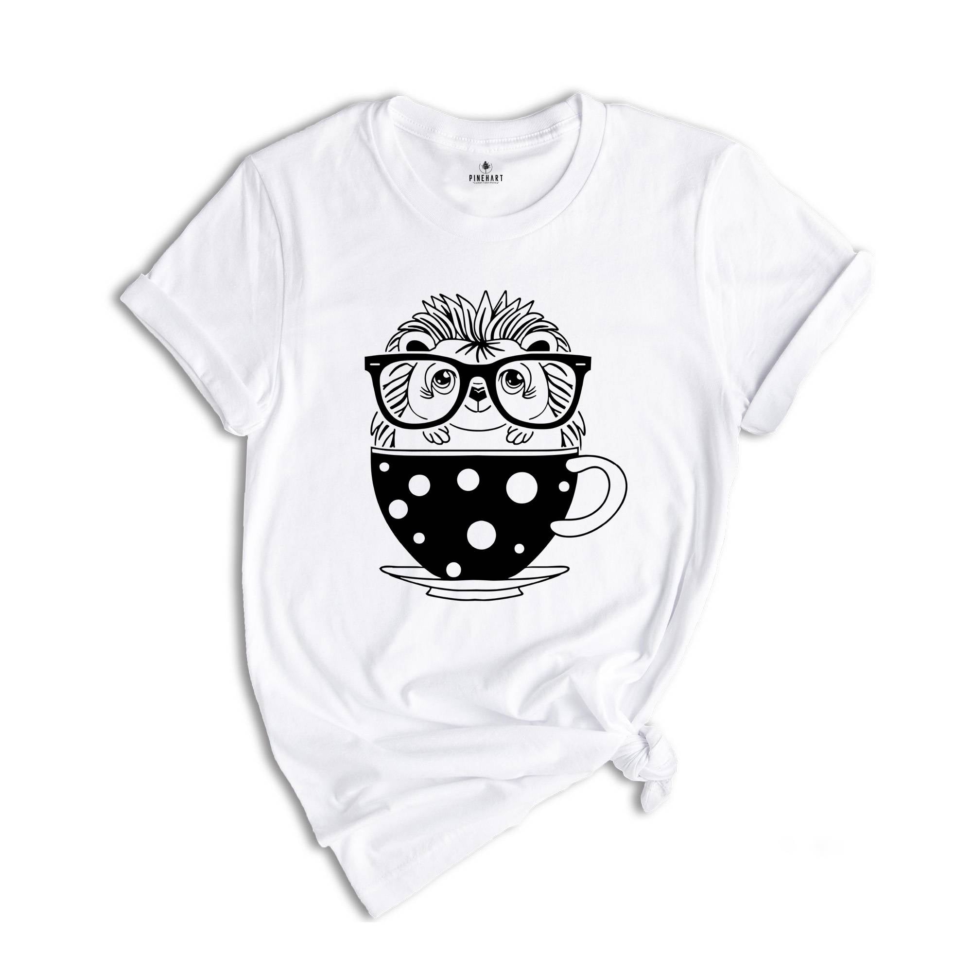 Hedgehog Tea Cup T-Shirt, Coffee Glasses Tee, Nerd Day School Shirt, Caffeine Addict , Cute Porcupine T-Shirt, Animal Lover