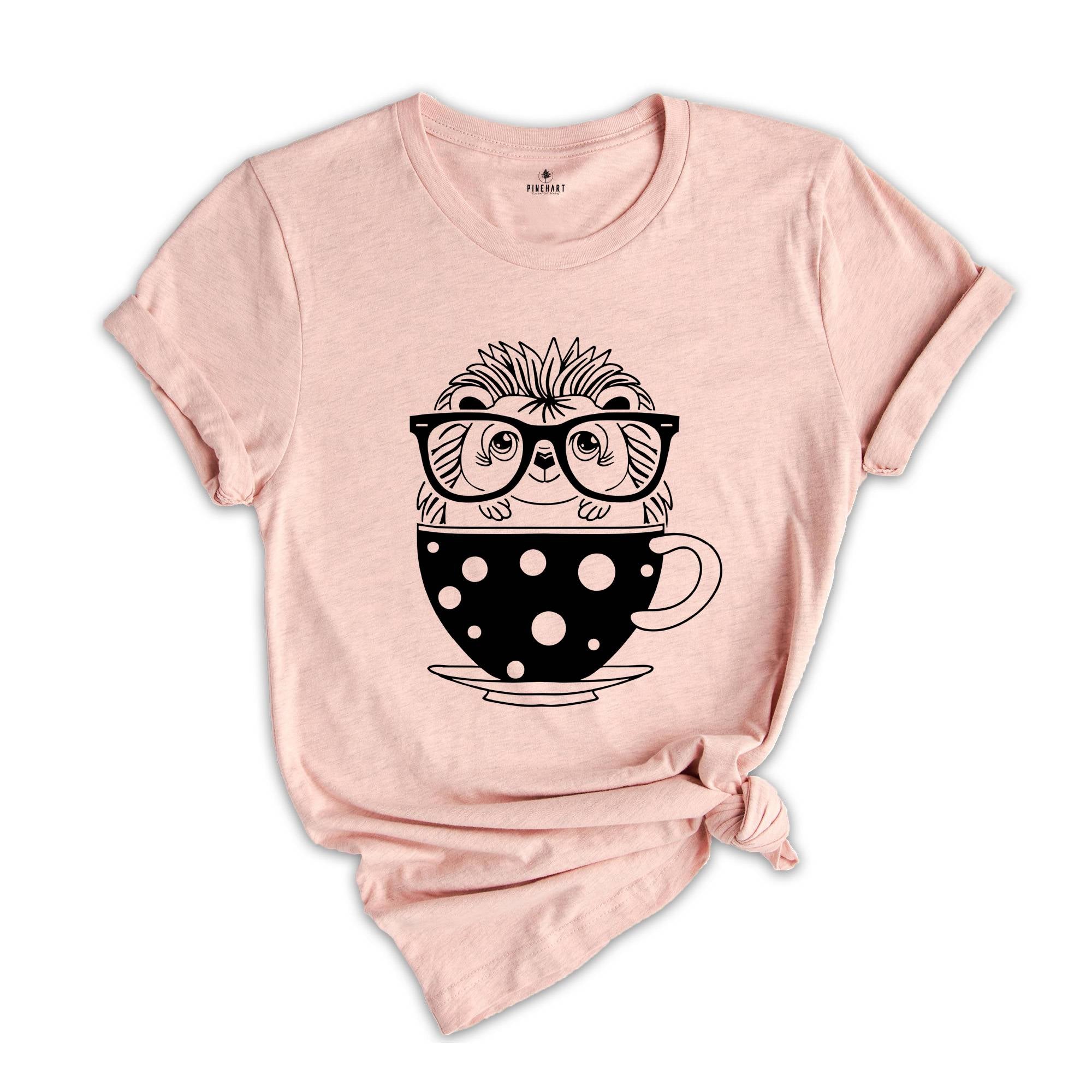 Hedgehog Tea Cup T-Shirt, Coffee Glasses Tee, Nerd Day School Shirt, Caffeine Addict , Cute Porcupine T-Shirt, Animal Lover