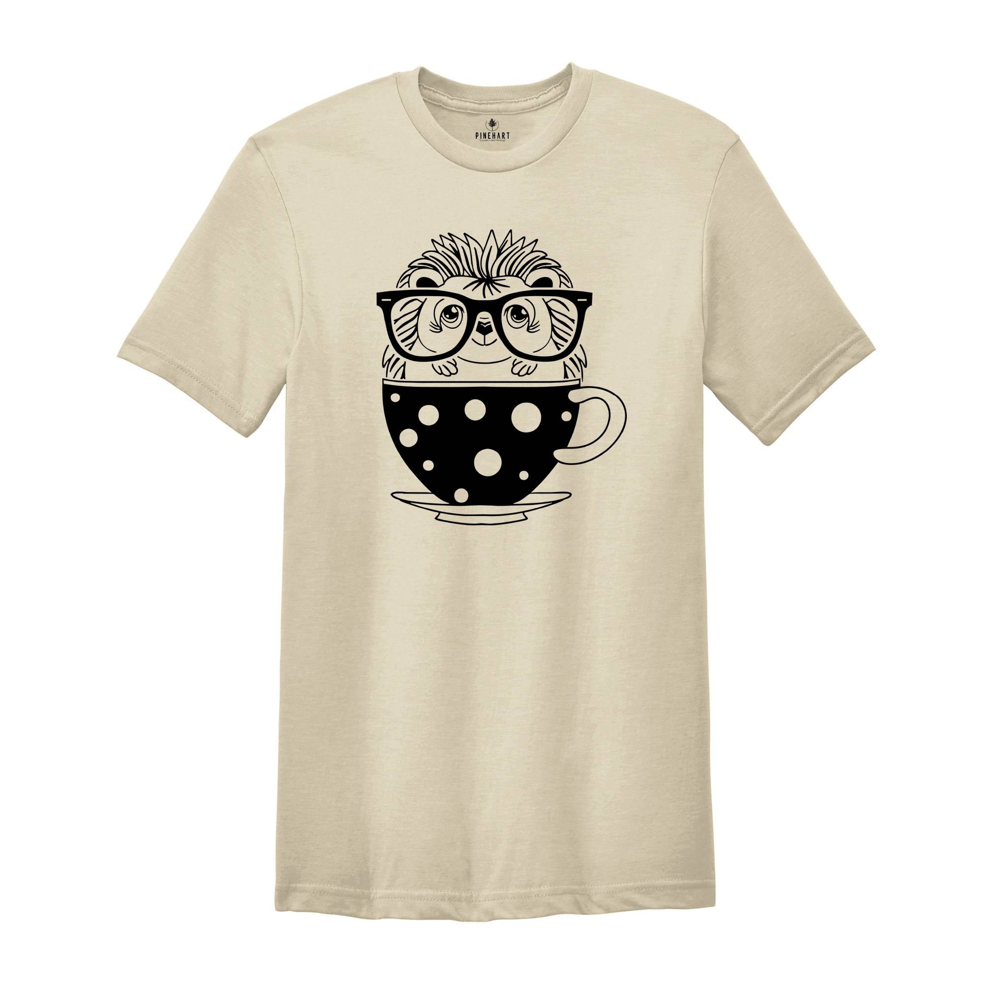 Hedgehog Tea Cup T-Shirt, Coffee Glasses Tee, Nerd Day School Shirt, Caffeine Addict , Cute Porcupine T-Shirt, Animal Lover