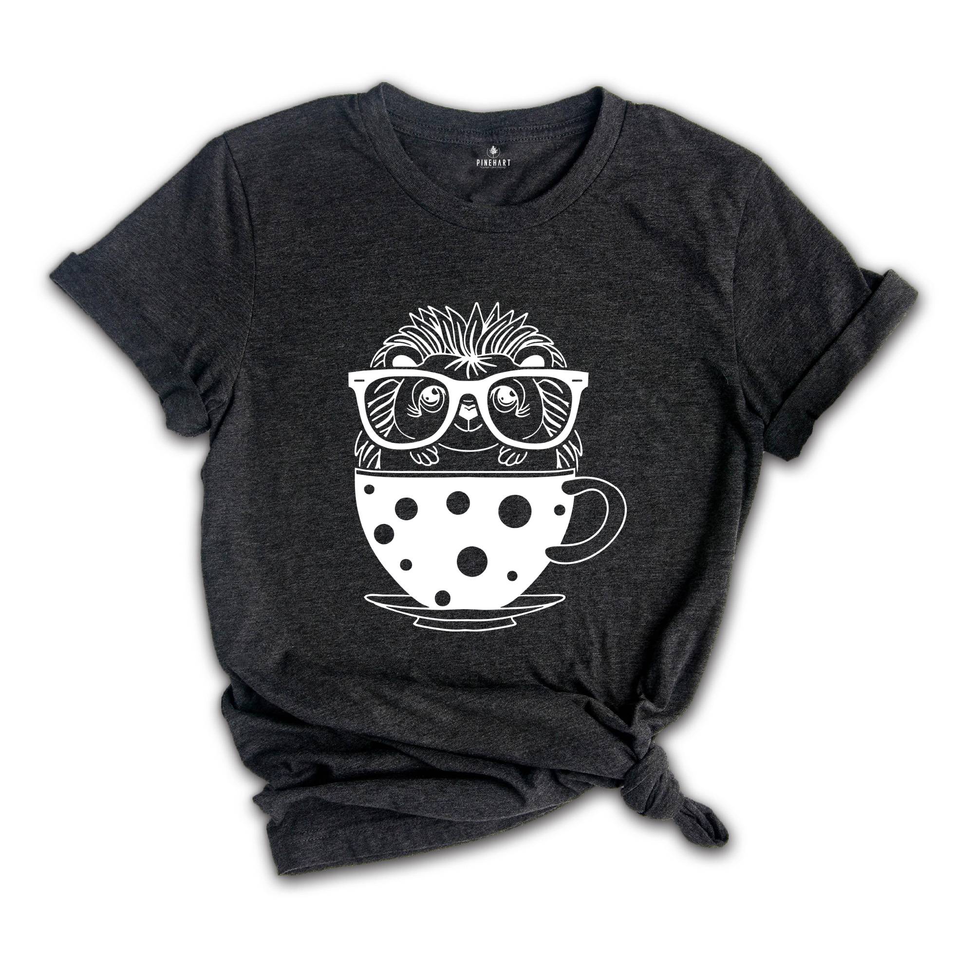 Hedgehog Tea Cup T-Shirt, Coffee Glasses Tee, Nerd Day School Shirt, Caffeine Addict , Cute Porcupine T-Shirt, Animal Lover