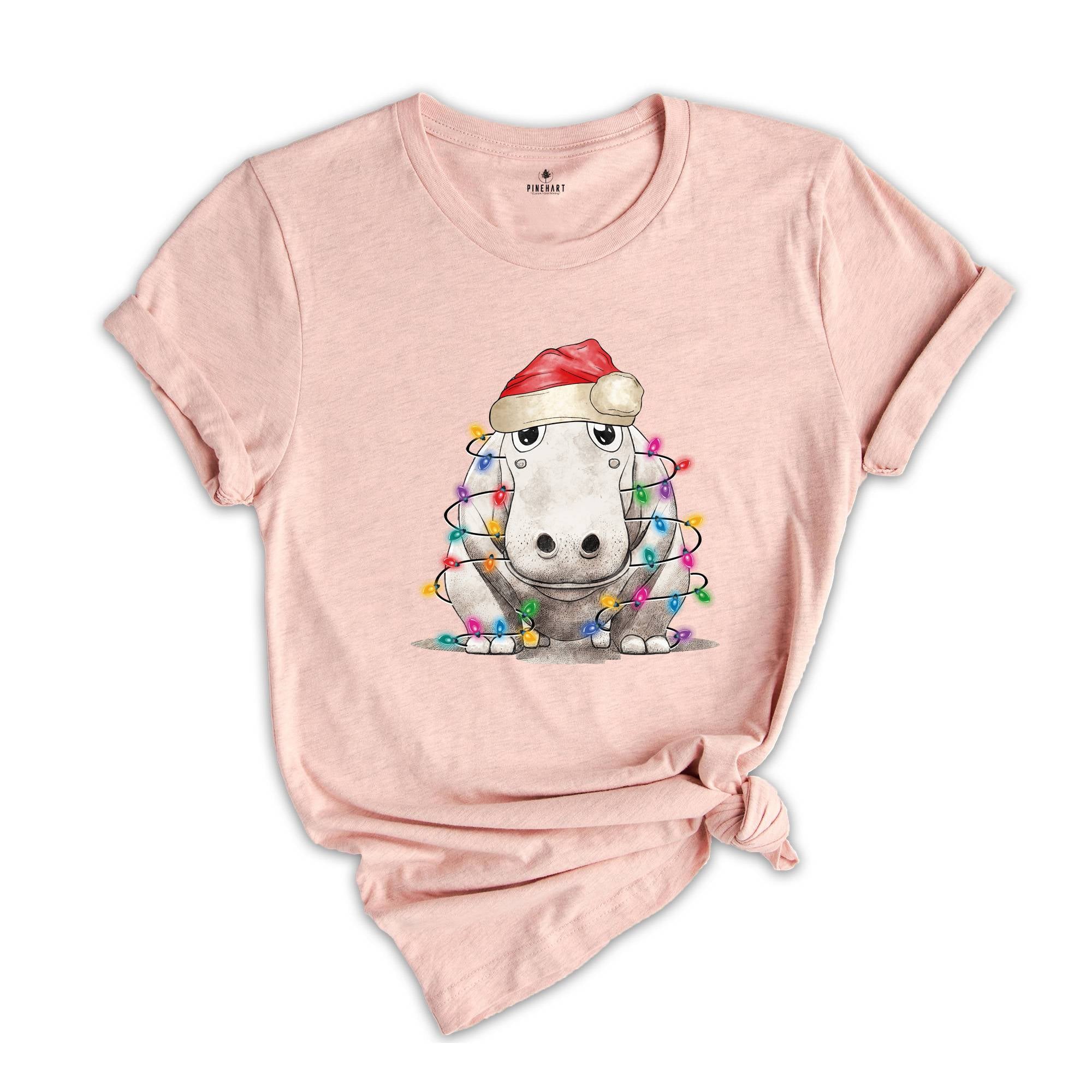 Hippopotamus Christmas Tree Lights Shirt, Christmas Kids T-Shirt, Happy Christmas Shirt, Santa Hat Shirt, Holiday Apparel
