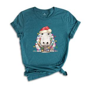 Hippopotamus Christmas Tree Lights Shirt, Christmas Kids T-Shirt, Happy Christmas Shirt, Santa Hat Shirt, Holiday Apparel