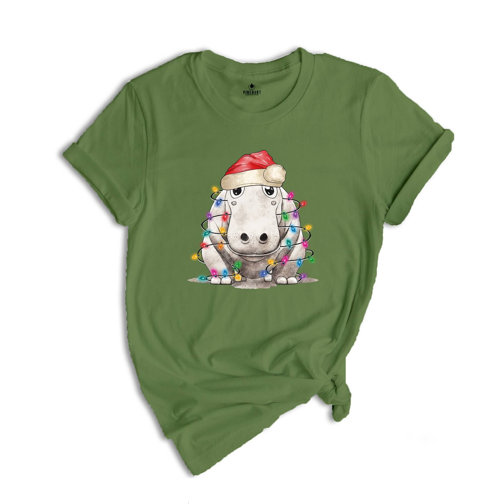 Hippopotamus Christmas Tree Lights Shirt, Christmas Kids T-Shirt, Happy Christmas Shirt, Santa Hat Shirt, Holiday Apparel