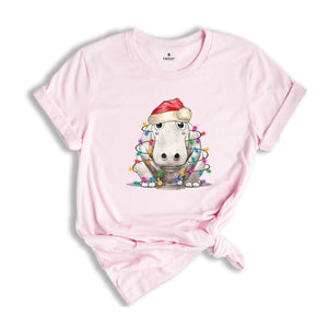 Hippopotamus Christmas Tree Lights Shirt, Christmas Kids T-Shirt, Happy Christmas Shirt, Santa Hat Shirt, Holiday Apparel
