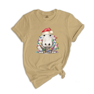 Hippopotamus Christmas Tree Lights Shirt, Christmas Kids T-Shirt, Happy Christmas Shirt, Santa Hat Shirt, Holiday Apparel