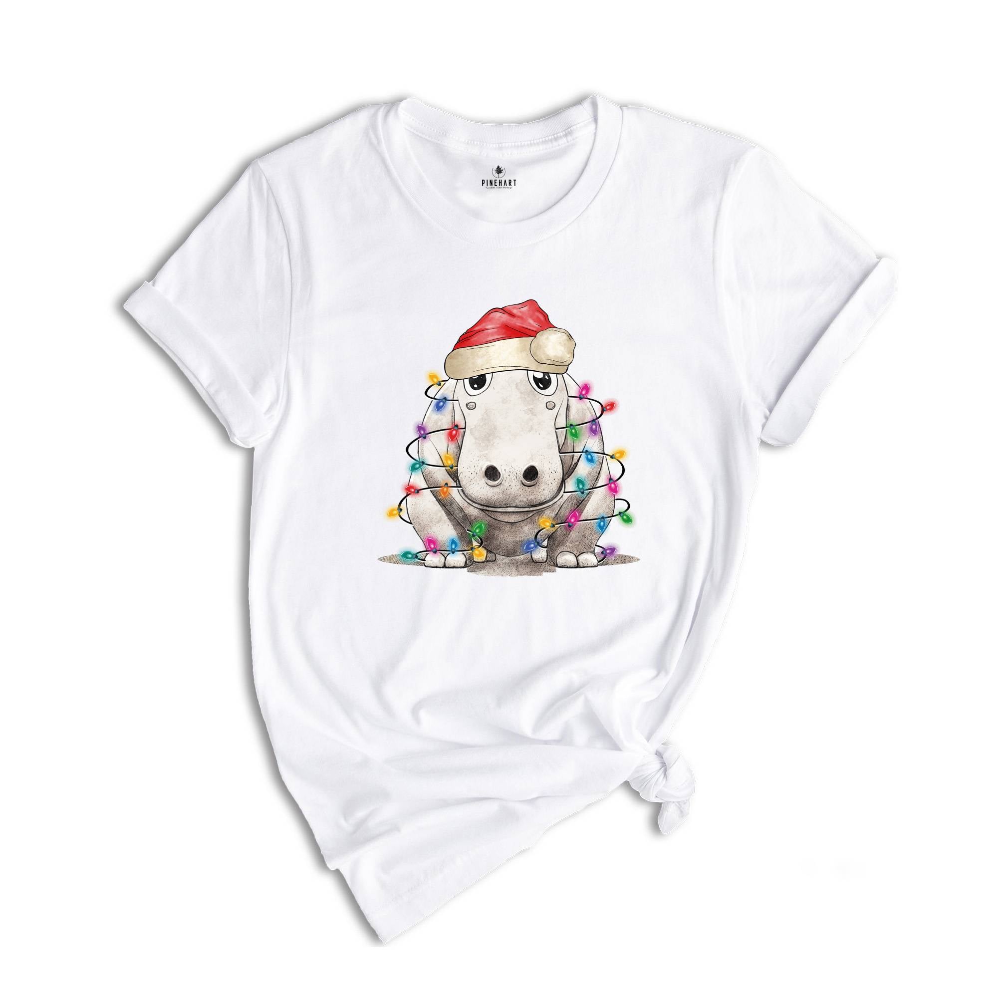Hippopotamus Christmas Tree Lights Shirt, Christmas Kids T-Shirt, Happy Christmas Shirt, Santa Hat Shirt, Holiday Apparel