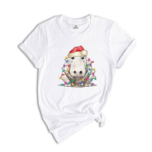 Hippopotamus Christmas Tree Lights Shirt, Christmas Kids T-Shirt, Happy Christmas Shirt, Santa Hat Shirt, Holiday Apparel