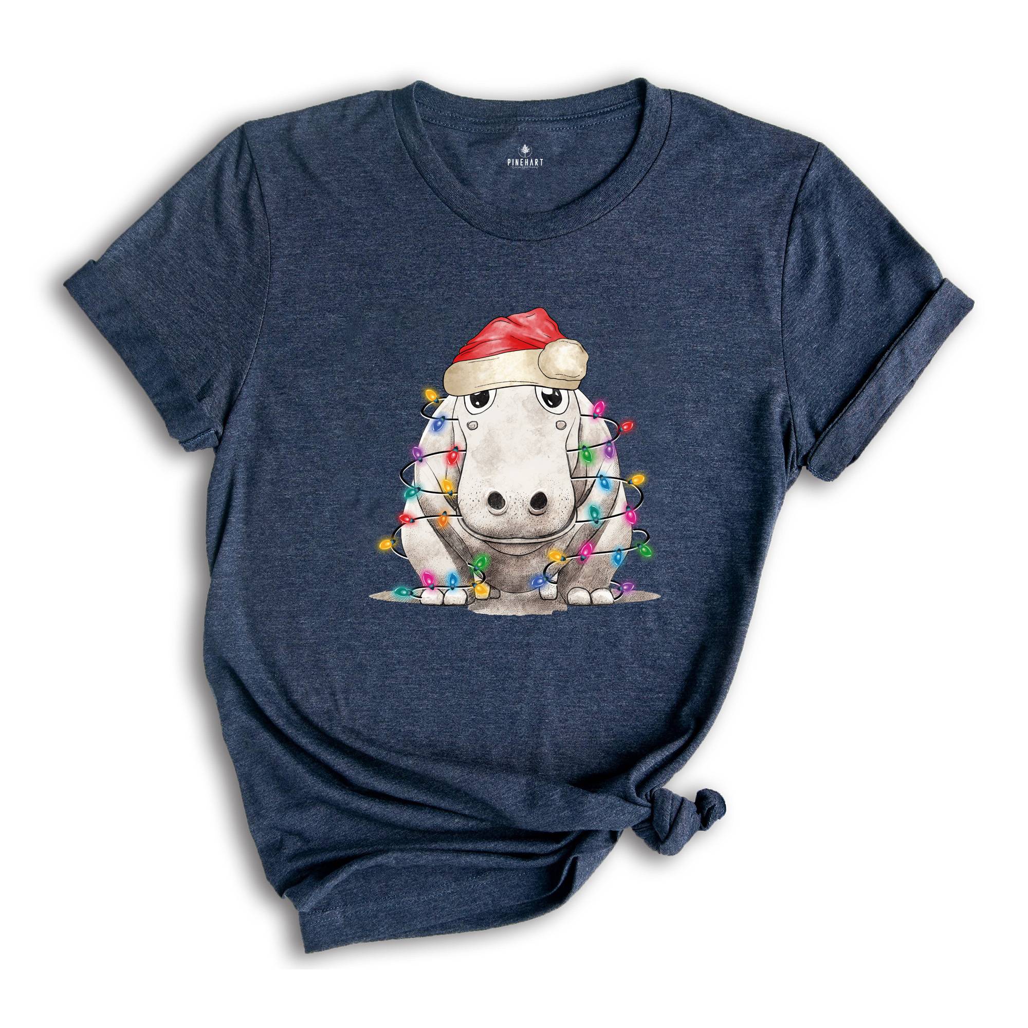 Hippopotamus Christmas Tree Lights Shirt, Christmas Kids T-Shirt, Happy Christmas Shirt, Santa Hat Shirt, Holiday Apparel