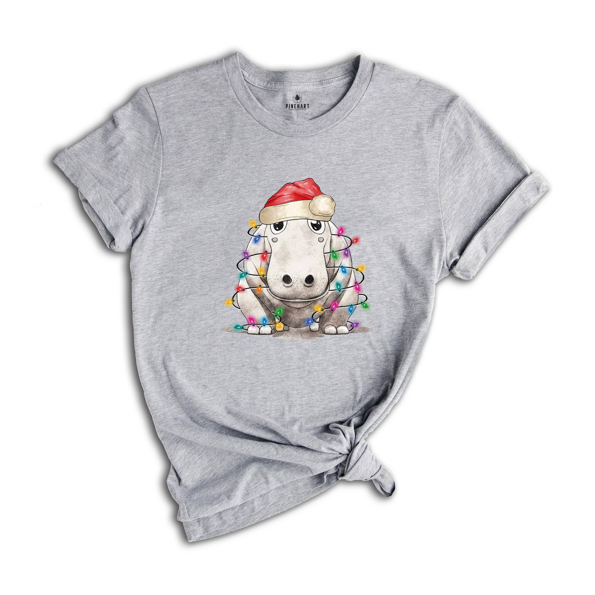 Hippopotamus Christmas Tree Lights Shirt, Christmas Kids T-Shirt, Happy Christmas Shirt, Santa Hat Shirt, Holiday Apparel