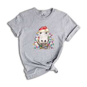 Hippopotamus Christmas Tree Lights Shirt, Christmas Kids T-Shirt, Happy Christmas Shirt, Santa Hat Shirt, Holiday Apparel
