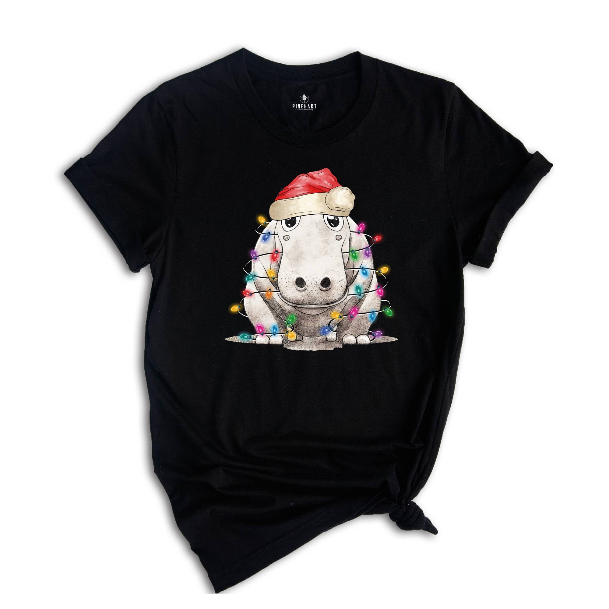 Hippopotamus Christmas Tree Lights Shirt, Christmas Kids T-Shirt, Happy Christmas Shirt, Santa Hat Shirt, Holiday Apparel
