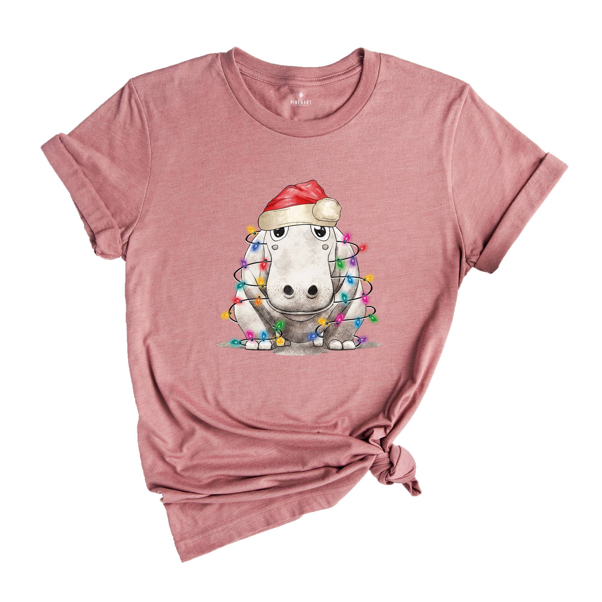 Hippopotamus Christmas Tree Lights Shirt, Christmas Kids T-Shirt, Happy Christmas Shirt, Santa Hat Shirt, Holiday Apparel