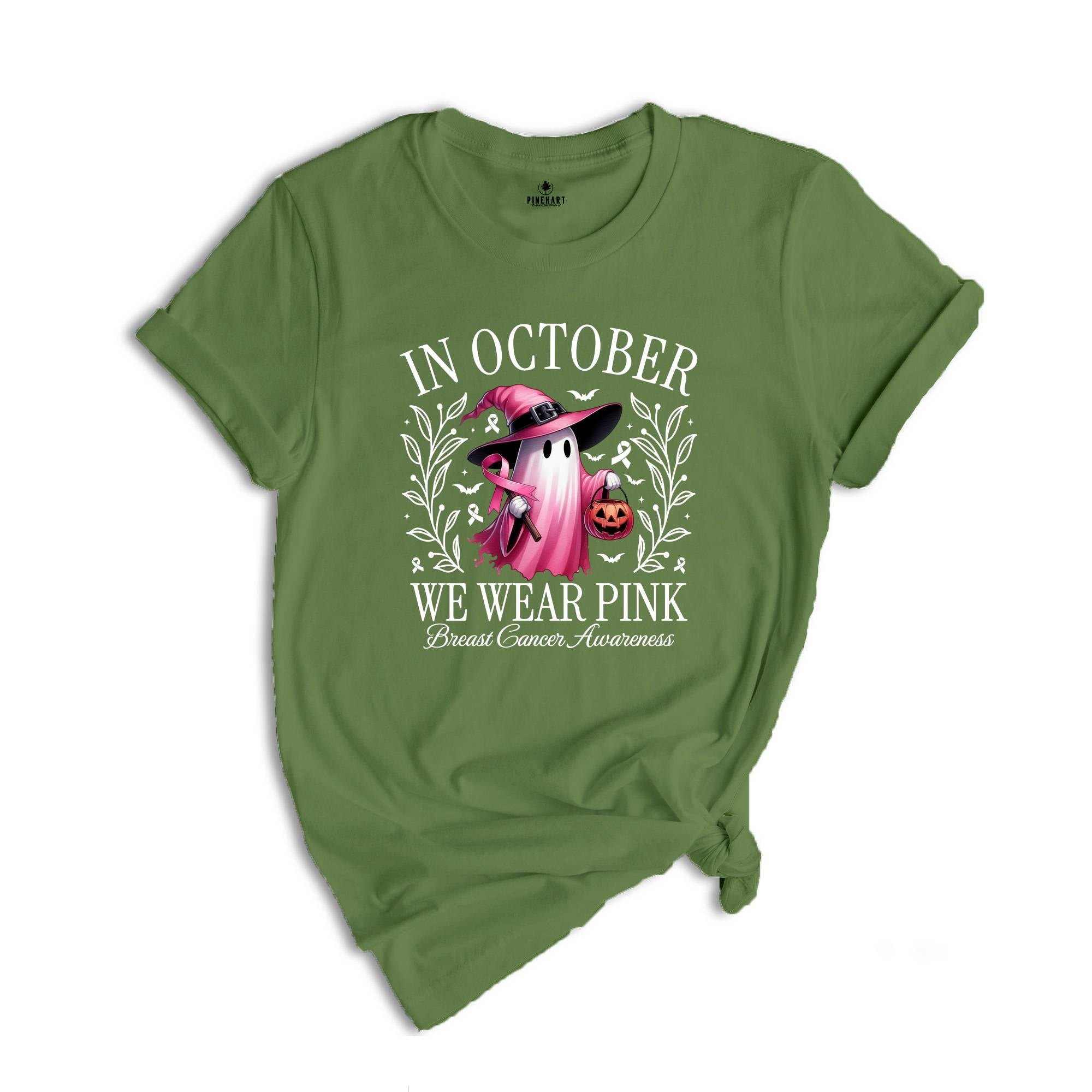 In October We Wear Pink Ghost Shirt, Cancer Pink Ribbon Gift, Breast Cancer Awareness Shirt, Halloween Pink Ghost Tee