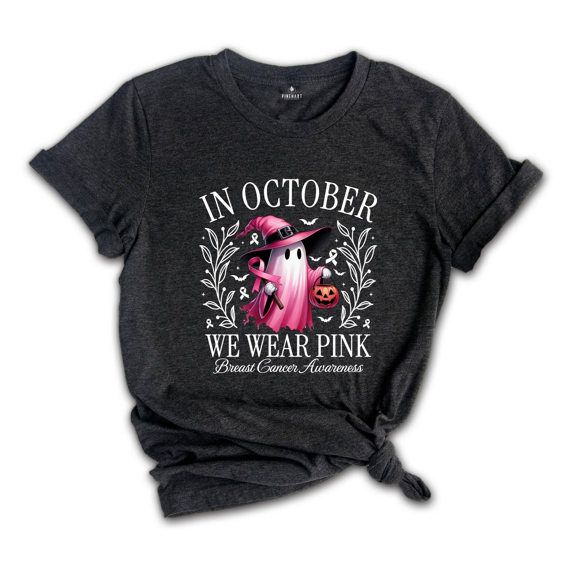 In October We Wear Pink Ghost Shirt, Cancer Pink Ribbon Gift, Breast Cancer Awareness Shirt, Halloween Pink Ghost Tee