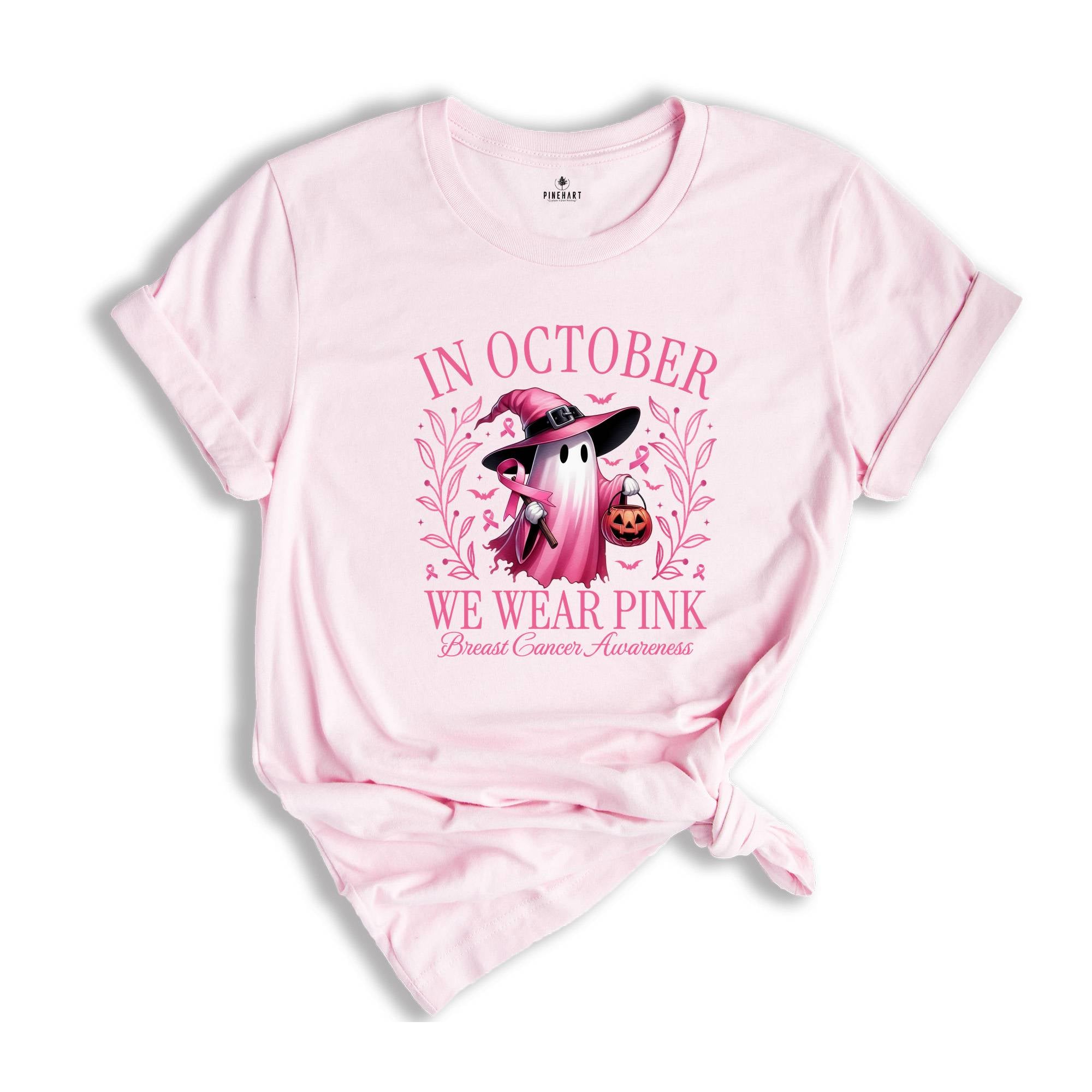 In October We Wear Pink Ghost Shirt, Cancer Pink Ribbon Gift, Breast Cancer Awareness Shirt, Halloween Pink Ghost Tee