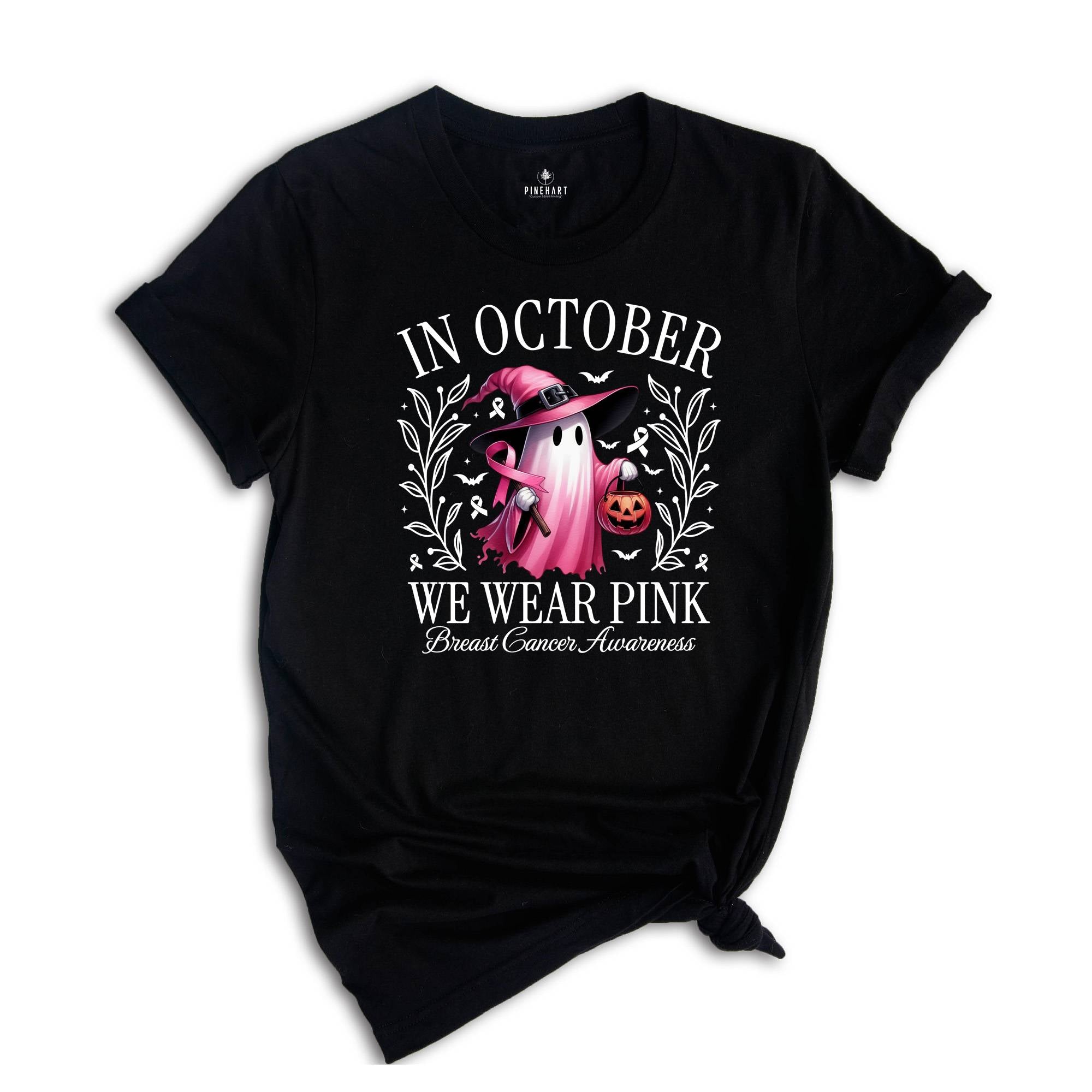 In October We Wear Pink Ghost Shirt, Cancer Pink Ribbon Gift, Breast Cancer Awareness Shirt, Halloween Pink Ghost Tee