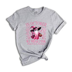In October We Wear Pink Ghost Shirt, Cancer Pink Ribbon Gift, Breast Cancer Awareness Shirt, Halloween Pink Ghost Tee