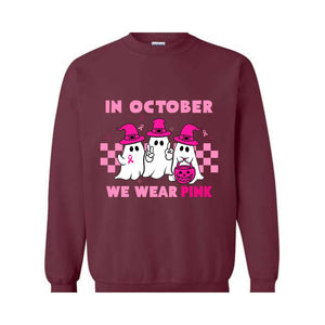 In October We Wear Pink Sweatshirt, Breast Cancer Awareness Halloween Shirt, Support Breast Cancer Support Tee