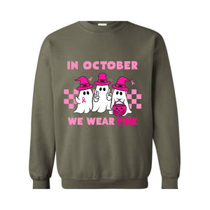 In October We Wear Pink Sweatshirt, Breast Cancer Awareness Halloween Shirt, Support Breast Cancer Support Tee