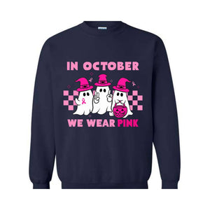 In October We Wear Pink Sweatshirt, Breast Cancer Awareness Halloween Shirt, Support Breast Cancer Support Tee