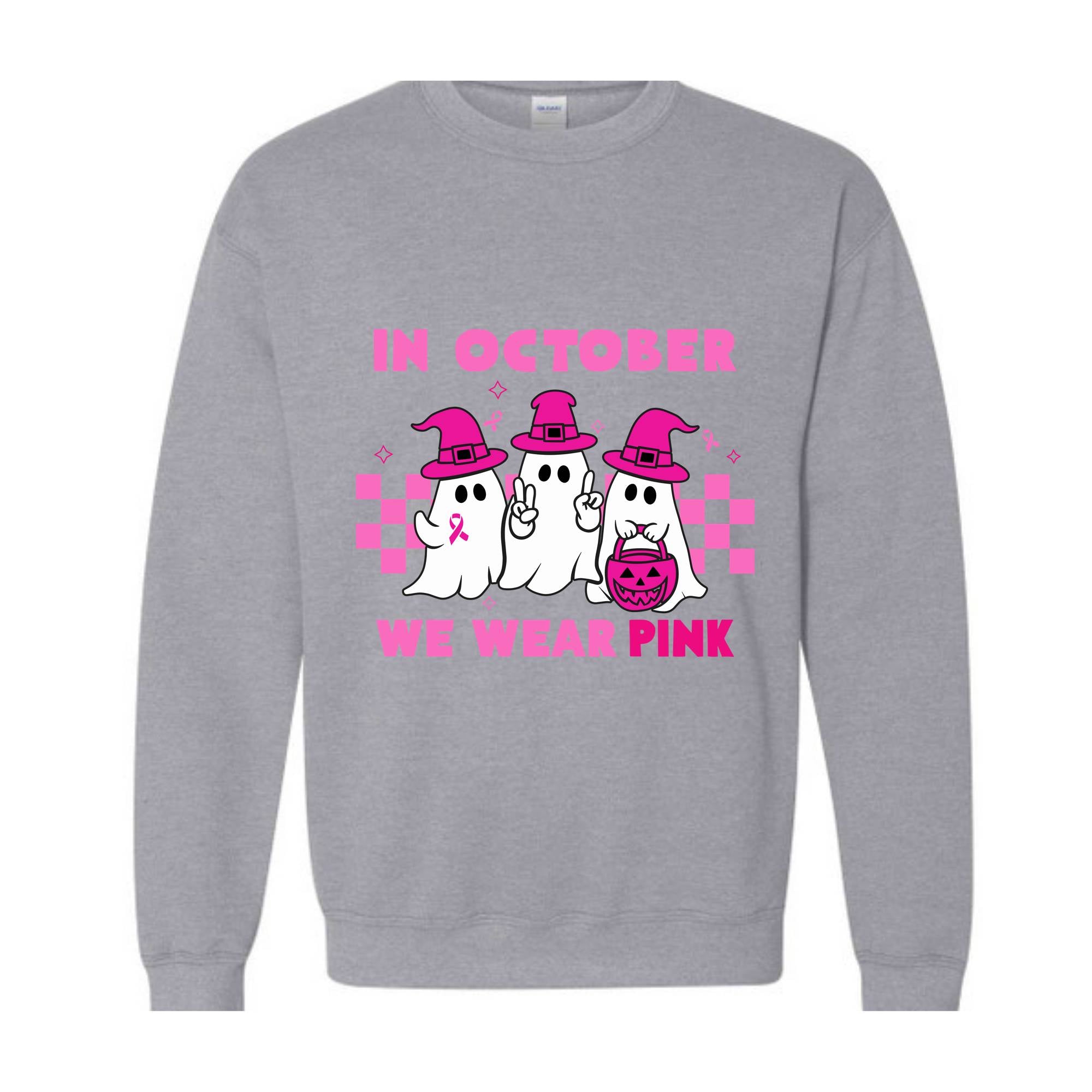 In October We Wear Pink Sweatshirt, Breast Cancer Awareness Halloween Shirt, Support Breast Cancer Support Tee