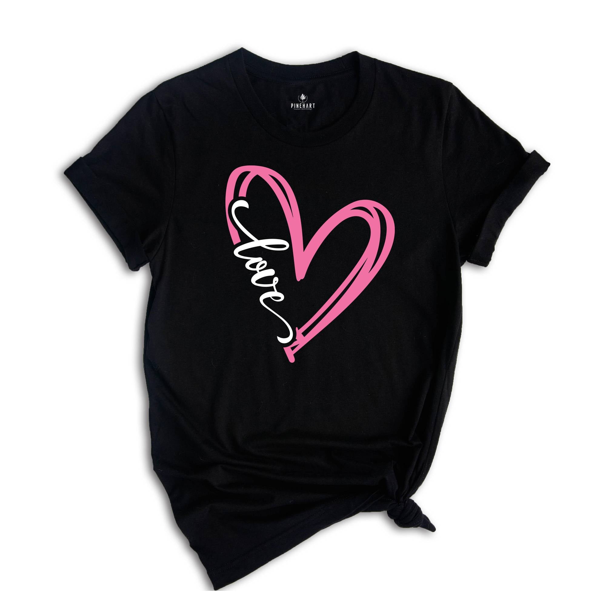 Women's Valentine's Day Love Heart Graphic T-Shirt – V-Neck Casual Top, Pink, Large, Perfect Valentine Gift Tee