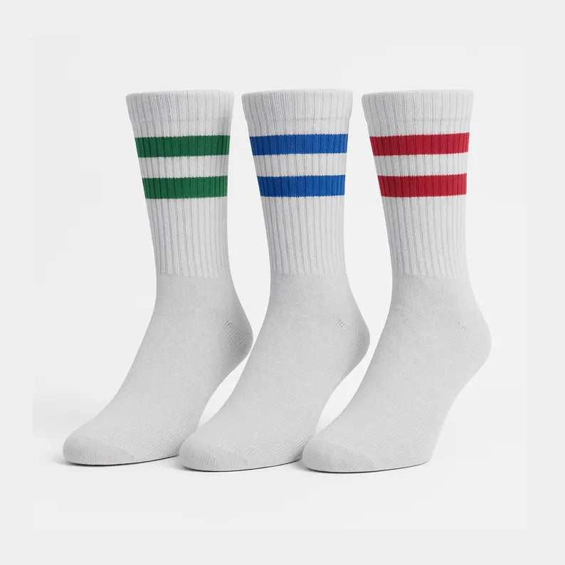 Men's Retro Striped Crew Socks 3-Pack: Classic Athletic Sport Socks