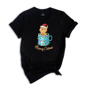 Meowy Catmas Shirt, Cute Christmas Cat in a Xmas Mug T-Shirt, Christmas Gifts, Cat In A Cup Tee, Family Christmas Tee, Cat Owner Gift
