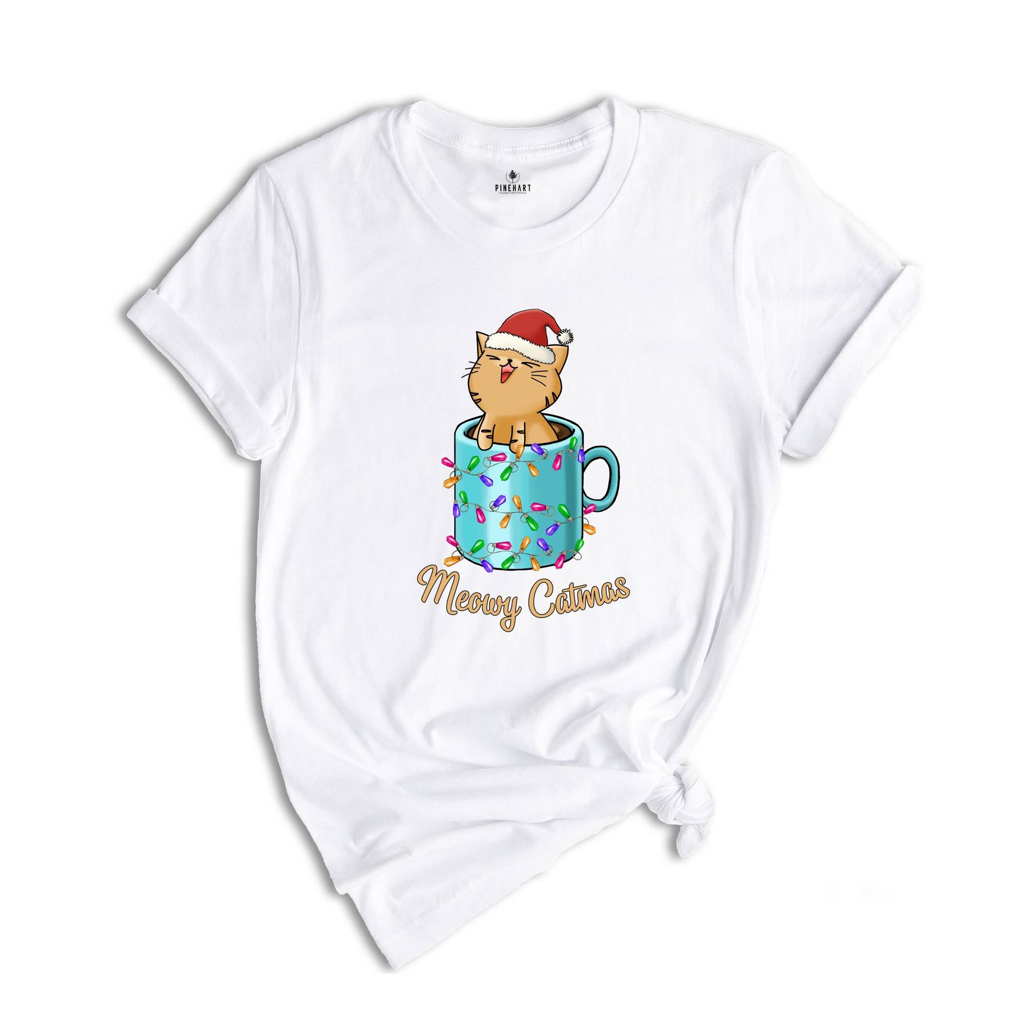 Meowy Catmas Shirt, Cute Christmas Cat in a Xmas Mug T-Shirt, Christmas Gifts, Cat In A Cup Tee, Family Christmas Tee, Cat Owner Gift