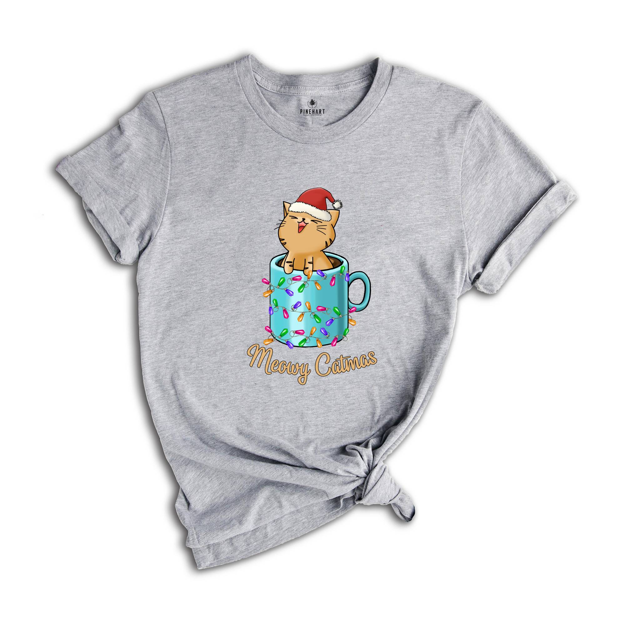 Meowy Catmas Shirt, Cute Christmas Cat in a Xmas Mug T-Shirt, Christmas Gifts, Cat In A Cup Tee, Family Christmas Tee, Cat Owner Gift