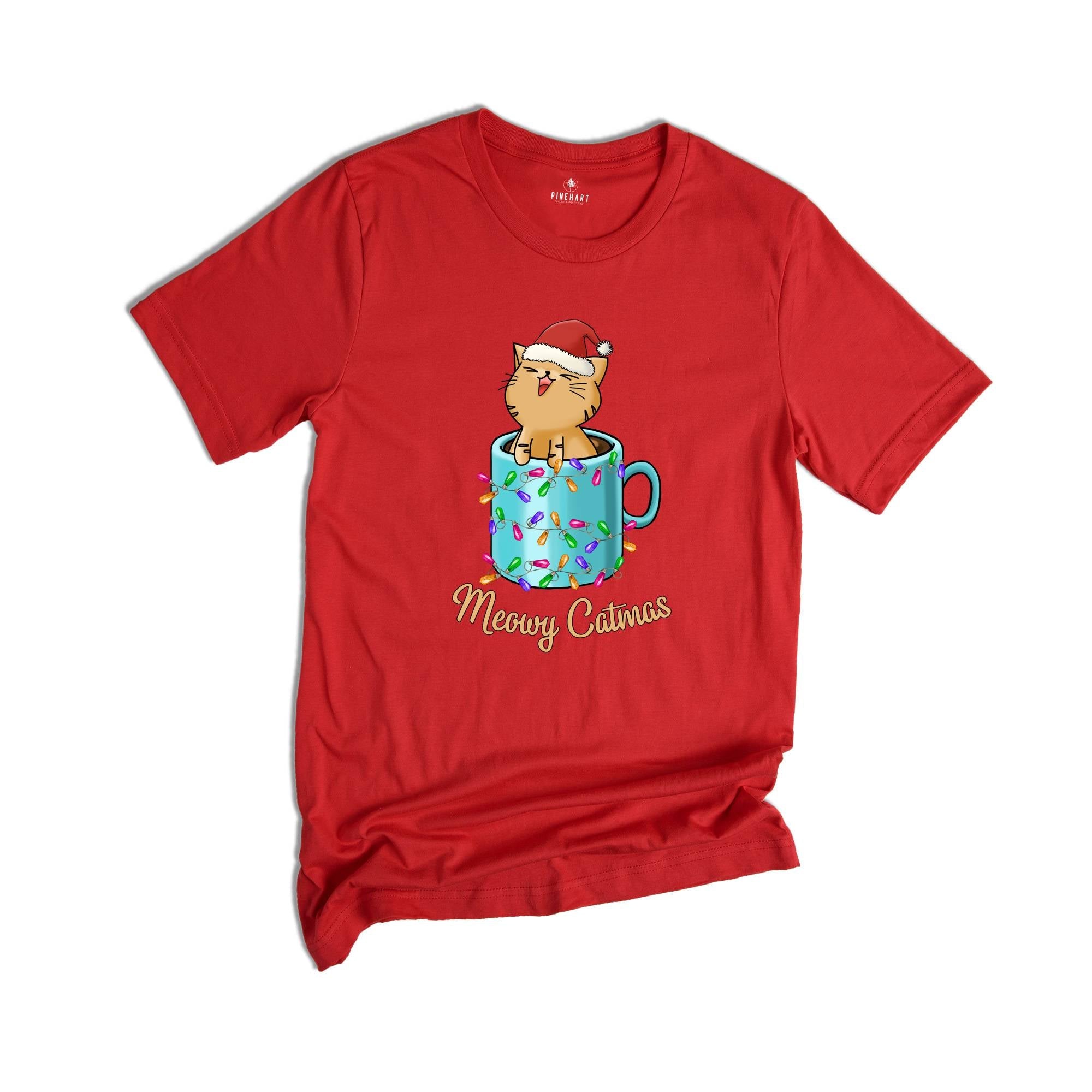 Meowy Catmas Shirt, Cute Christmas Cat in a Xmas Mug T-Shirt, Christmas Gifts, Cat In A Cup Tee, Family Christmas Tee, Cat Owner Gift