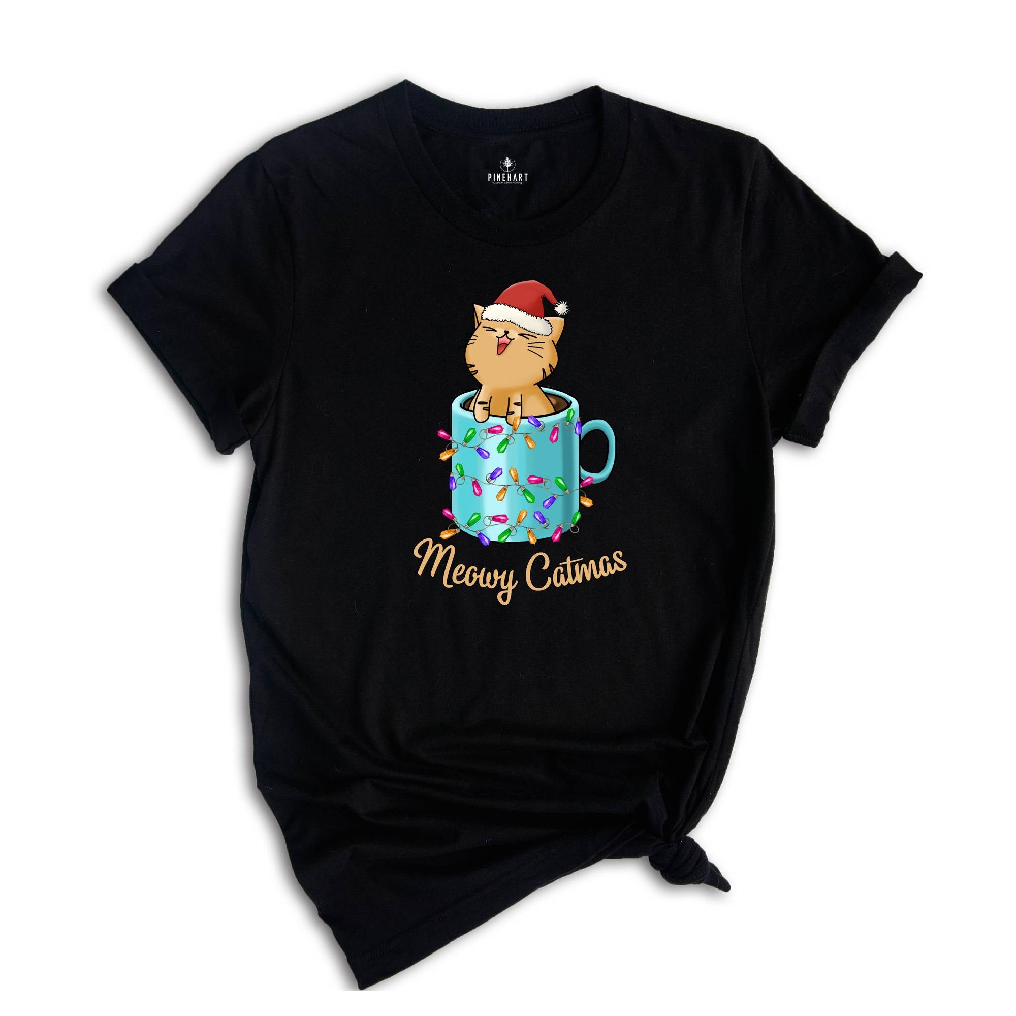 Meowy Catmas Shirt, Cute Christmas Cat in a Xmas Mug T-Shirt, Christmas Gifts, Cat In A Cup Tee, Family Christmas Tee, Cat Owner Gift