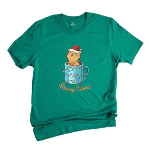 Meowy Catmas Shirt, Cute Christmas Cat in a Xmas Mug T-Shirt, Christmas Gifts, Cat In A Cup Tee, Family Christmas Tee, Cat Owner Gift