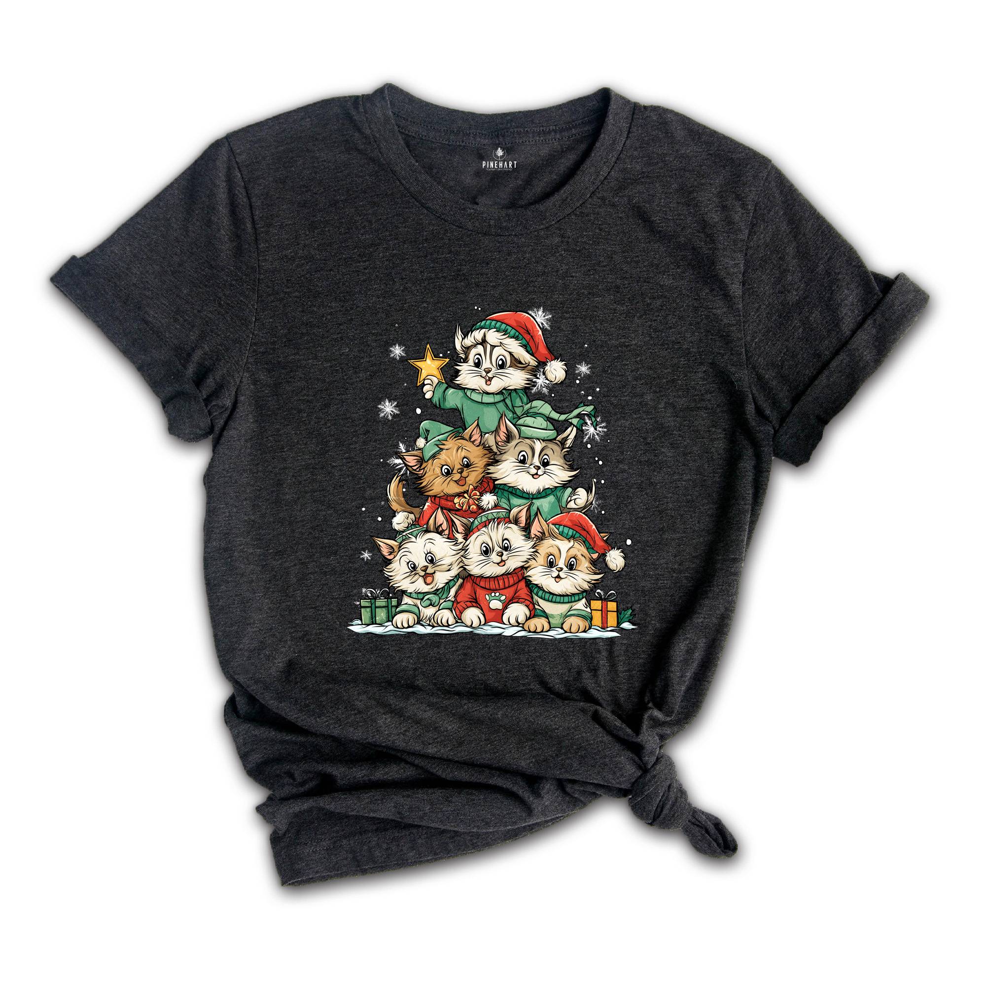 Meowy Christmas Tree Shirt, Cute Christmas Cat Sweatshirt, Cats with Santa Hat Shirt, Cat Lovers Gifts, Happy New Year Tee