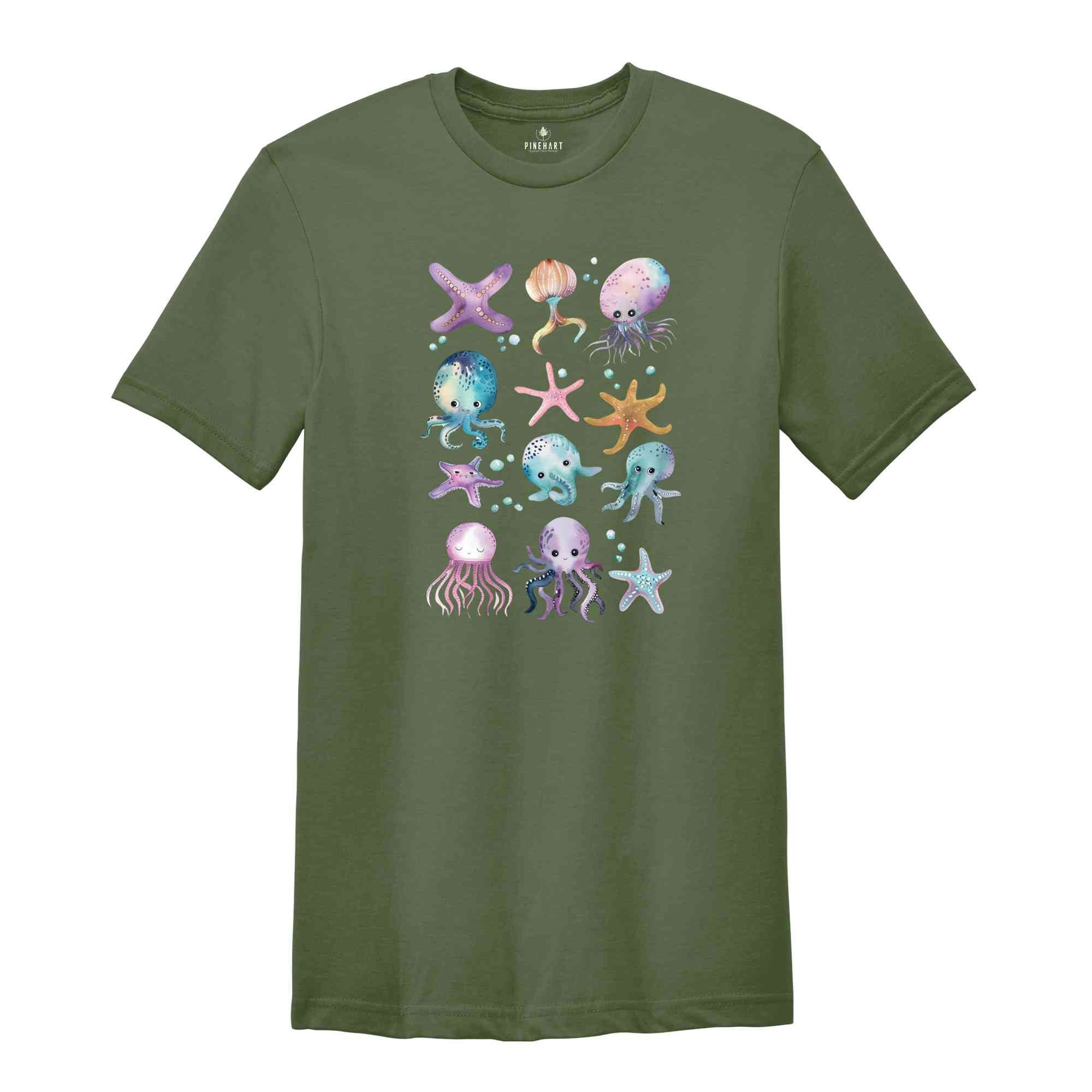 Ocean Shirt, Fish Shirt, Coastal Shirt, Starfish Shirt, Octopus Shirt, Beach Summer Shirt, Seashells Shirt, Water Shirt, Summer Shirt