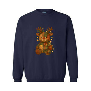 Patchwork Reindeer Sweatshirt, Boho Christmas Sweatshirt, Retro Holiday Sweater, Festive Deer Hoodie, Cute Deer Hoodie