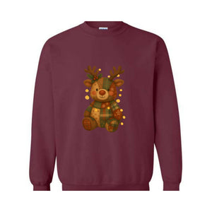Patchwork Reindeer Sweatshirt, Boho Christmas Sweatshirt, Retro Holiday Sweater, Festive Deer Hoodie, Cute Deer Hoodie
