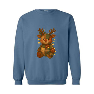 Patchwork Reindeer Sweatshirt, Boho Christmas Sweatshirt, Retro Holiday Sweater, Festive Deer Hoodie, Cute Deer Hoodie