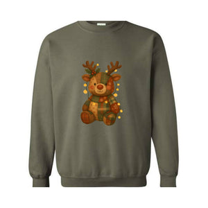 Patchwork Reindeer Sweatshirt, Boho Christmas Sweatshirt, Retro Holiday Sweater, Festive Deer Hoodie, Cute Deer Hoodie