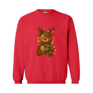 Patchwork Reindeer Sweatshirt, Boho Christmas Sweatshirt, Retro Holiday Sweater, Festive Deer Hoodie, Cute Deer Hoodie
