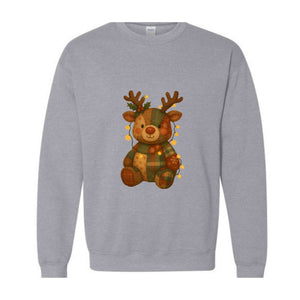 Patchwork Reindeer Sweatshirt, Boho Christmas Sweatshirt, Retro Holiday Sweater, Festive Deer Hoodie, Cute Deer Hoodie