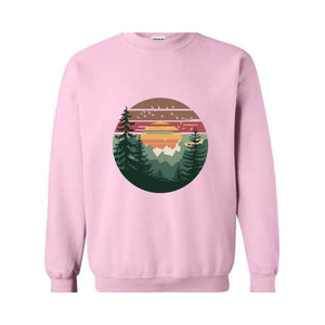 Pine Trees Sunset Sweatshirt, Adventure Hoodie, Nature Lover Gift, Camping Hoodie, Forest Hoodie, Retro Forest Hoodie, Nature Hoodie