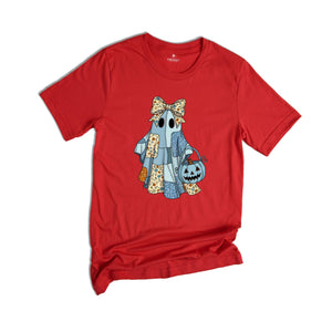 Retro Halloween Blue Denim Ghost Shirt, Cute Boo Ghost Coquette Tee, Spooky Season T-shirt, Fall Pumpkin Tee