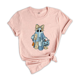 Retro Halloween Blue Denim Ghost Shirt, Cute Boo Ghost Coquette Tee, Spooky Season T-shirt, Fall Pumpkin Tee