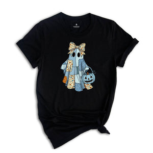Retro Halloween Blue Denim Ghost Shirt, Cute Boo Ghost Coquette Tee, Spooky Season T-shirt, Fall Pumpkin Tee