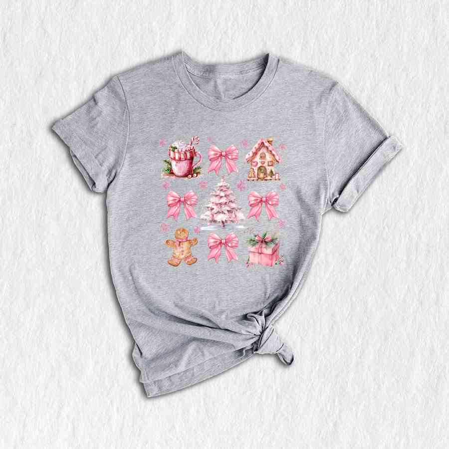 Coquette Pink Christmas T-Shirt, Pink Bow Christmas Shirt, Christmas Cookie Shirt, Cute Christmas Shirt, Vintage Christmas Gifts